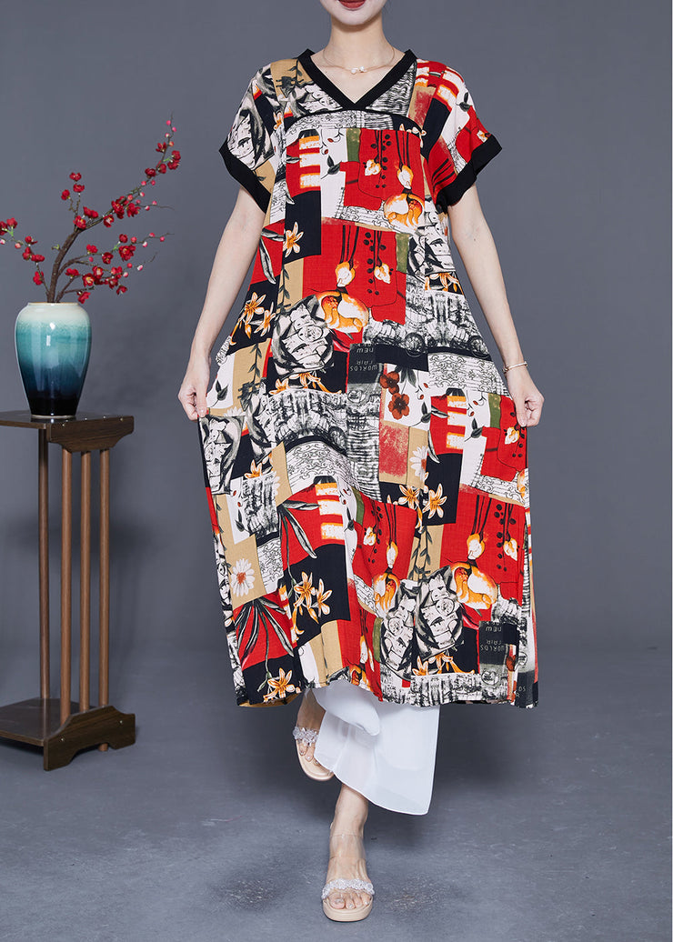 Modern Red V Neck Print Cotton Long Dresses Summer