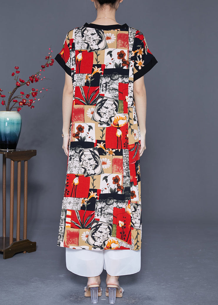 Modern Red V Neck Print Cotton Long Dresses Summer