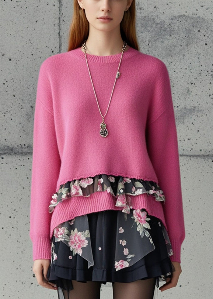 Modern Rose Asymmetrical Patchwork Print Sweaters Fall