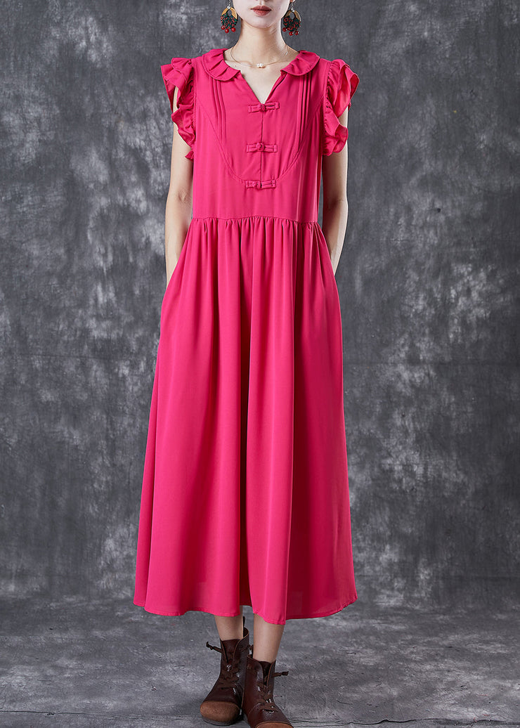 Modern Rose Chinese Button Exra Large Hem Cotton Vacation Dress Petal Sleeve