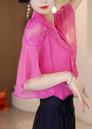 Modern Rose Peter Pan Collar Print Hollow Out Chiffon Shirts Summer