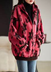 Modern Rose Print Zippered Thick Woolen Hoodies Coat Fall