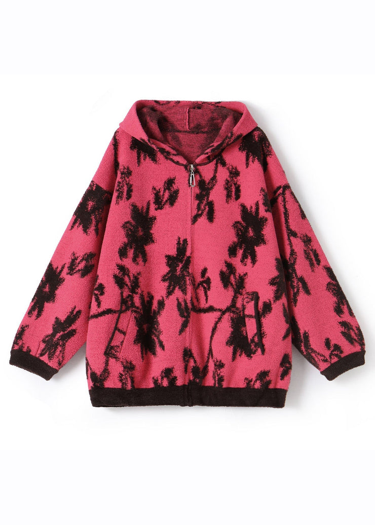 Modern Rose Print Zippered Thick Woolen Hoodies Coat Fall