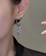 Modern Silk Copper Alloy Zircon Tassel Hoop Earrings