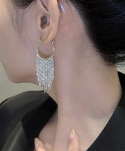 Modern Silk Copper Alloy Zircon Tassel Hoop Earrings