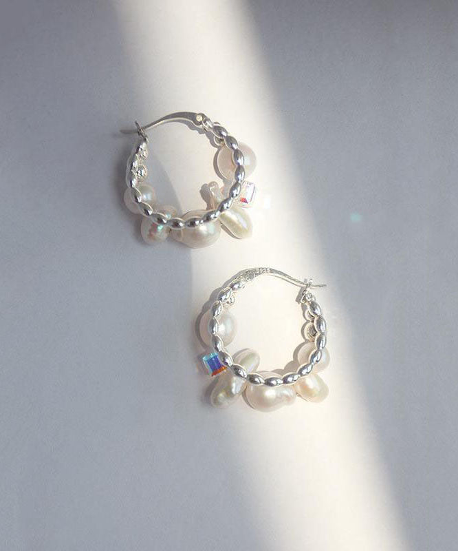 Modern Silk Sterling Silver Asymmetricar Crystal Pearl Hoop Earrings