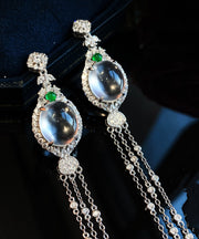 Modern Silk Sterling Silver Overgild Zircon Jade Tassel Drop Earrings