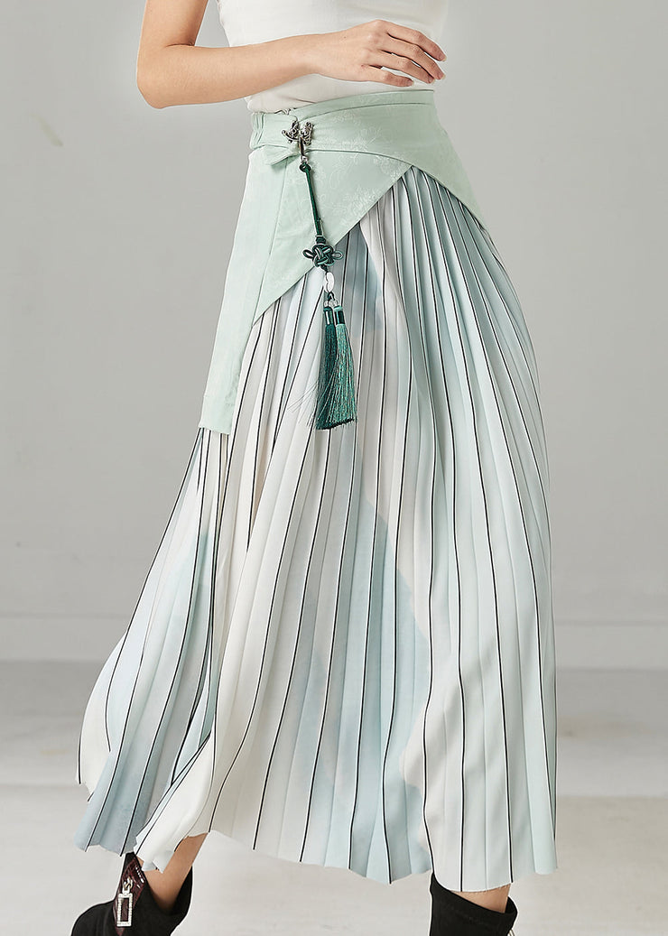 Modern Sky Blue Striped Patchwork Silk Pleated Skirts Spring