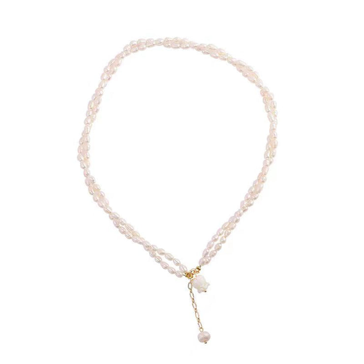 Modern White Alloy Double Layered Pearl Floral Graduated Bead Necklace