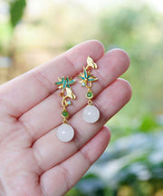 Modern White Asymmetrical Lotus Jade Drop Earrings