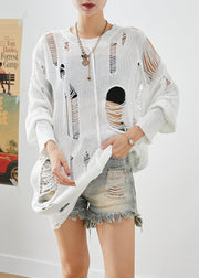 Modern White Hollow Out Knit Ripped Tops Fall