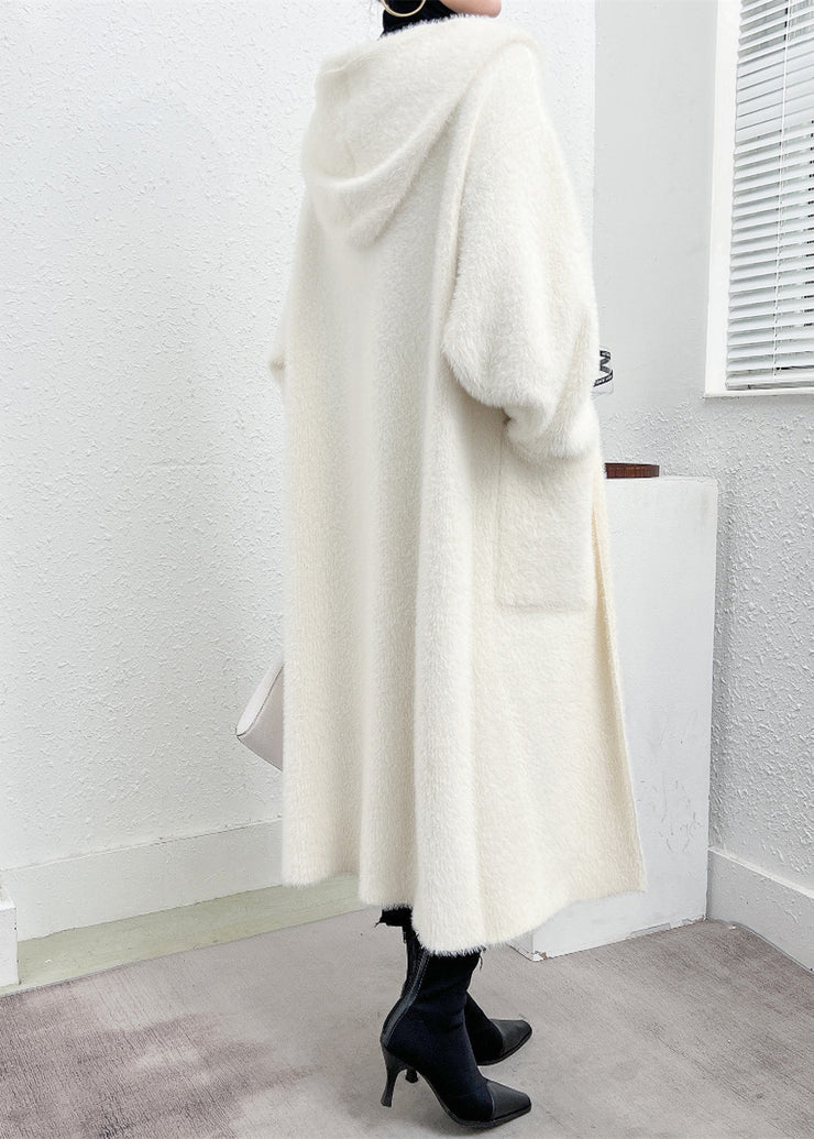 Modern White Hooded Pockets Mink Hair Knitted Cardigan Fall