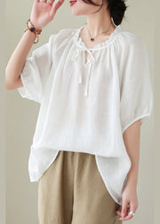 Modern White Lace Up Ruffled Linen Shirts Summer