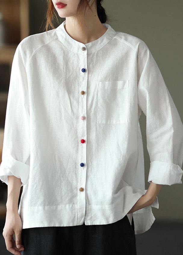 Modern White Loose Patchwork Pockets Fall Long Sleeve Blouse Top - SooLinen