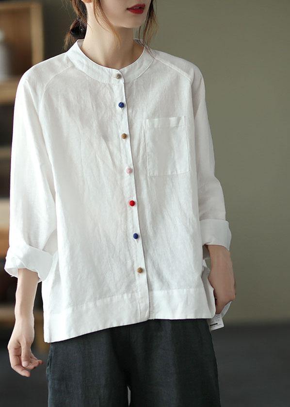 Modern White Loose Patchwork Pockets Fall Long Sleeve Blouse Top - SooLinen