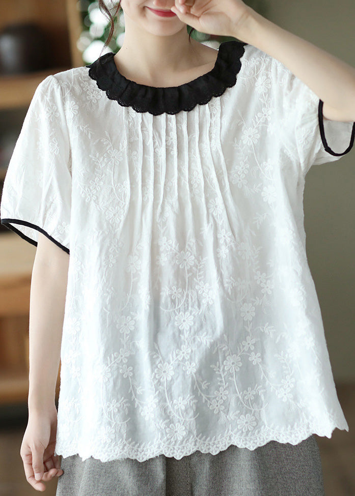 Modern White O-Neck Embroideried Patchwork Wrinkled Cotton Top Short Sleeve