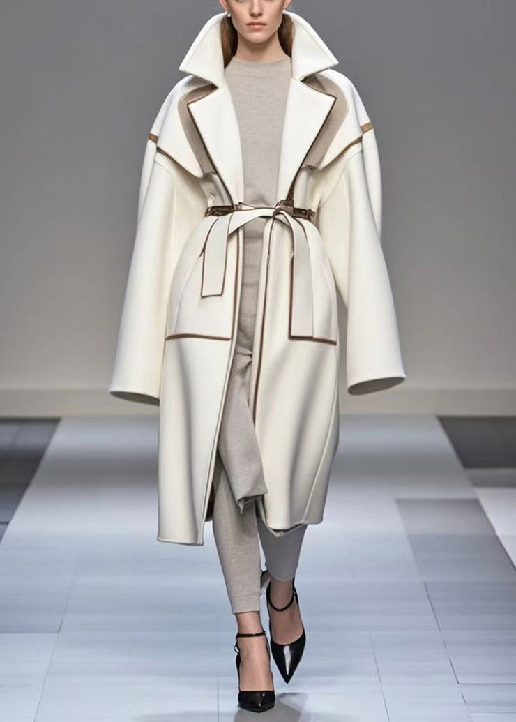 Modern White Oversized Patchwork Woolen Coat Fall