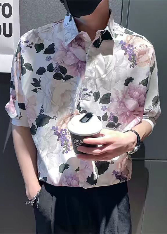 Modern White Peter Pan Collar Print Mens Shirts Summer