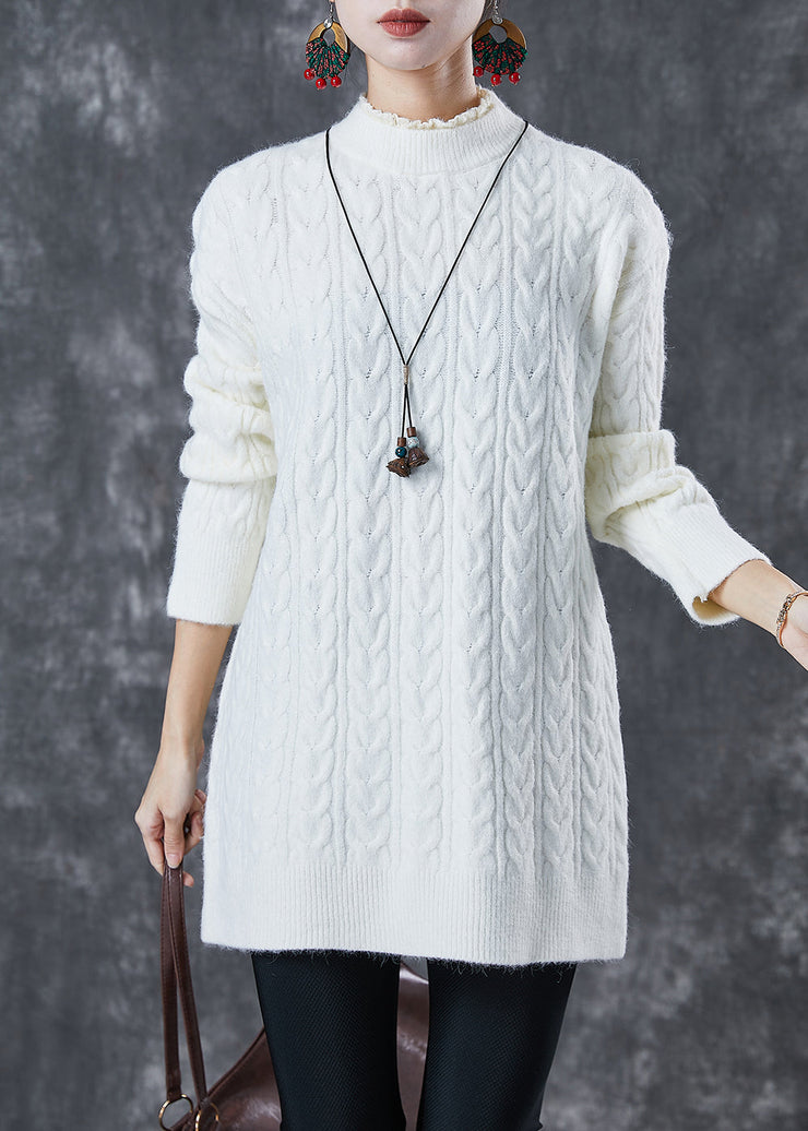 Modern White Ruffled Warm Cable Knit Pullover Spring