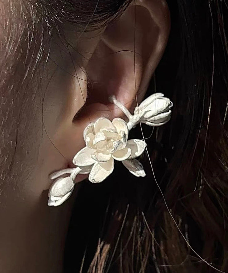 Modern White Sterling Silver Floral Stud Earrings