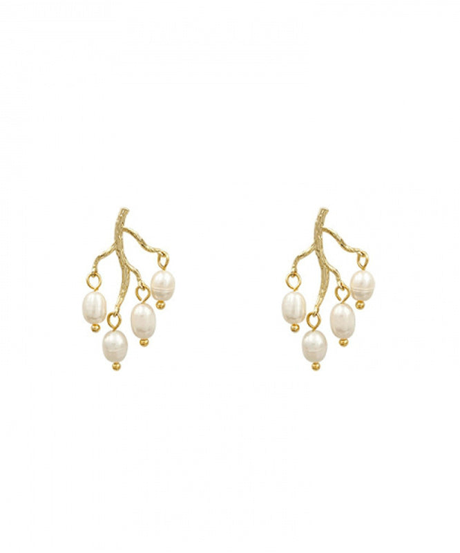 Modern White Sterling Silver Overgild Inlaid Pearl Branch Shaped Hoop Earrings