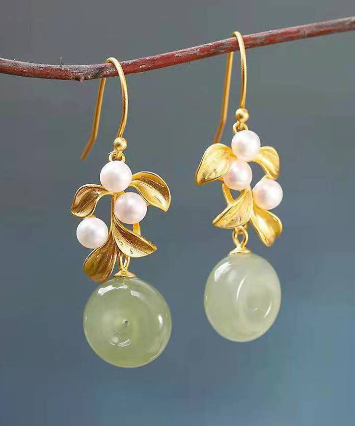 Modern White Sterling Silver Overgild Inlaid Pearl Jade Drop Earrings