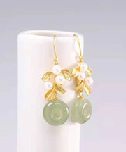 Modern White Sterling Silver Overgild Inlaid Pearl Jade Drop Earrings