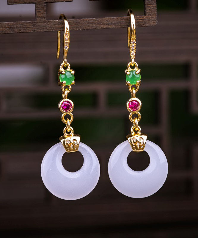 Modern White Sterling Silver Overgild Zircon Jade Drop Earrings