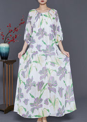 Modern White Tulip Print Chiffon Long Dress Summer