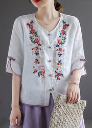 Modern White V Neck Embroideried Floral Button Linen Shirt Half Sleeve