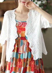 Modern White V Neck Embroideried Floral Cotton Cardigan Short Sleeve