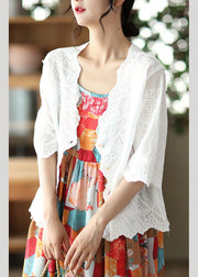 Modern White V Neck Embroideried Floral Cotton Cardigan Short Sleeve