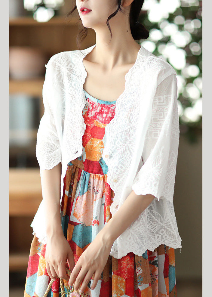 Modern White V Neck Embroideried Floral Cotton Cardigan Short Sleeve