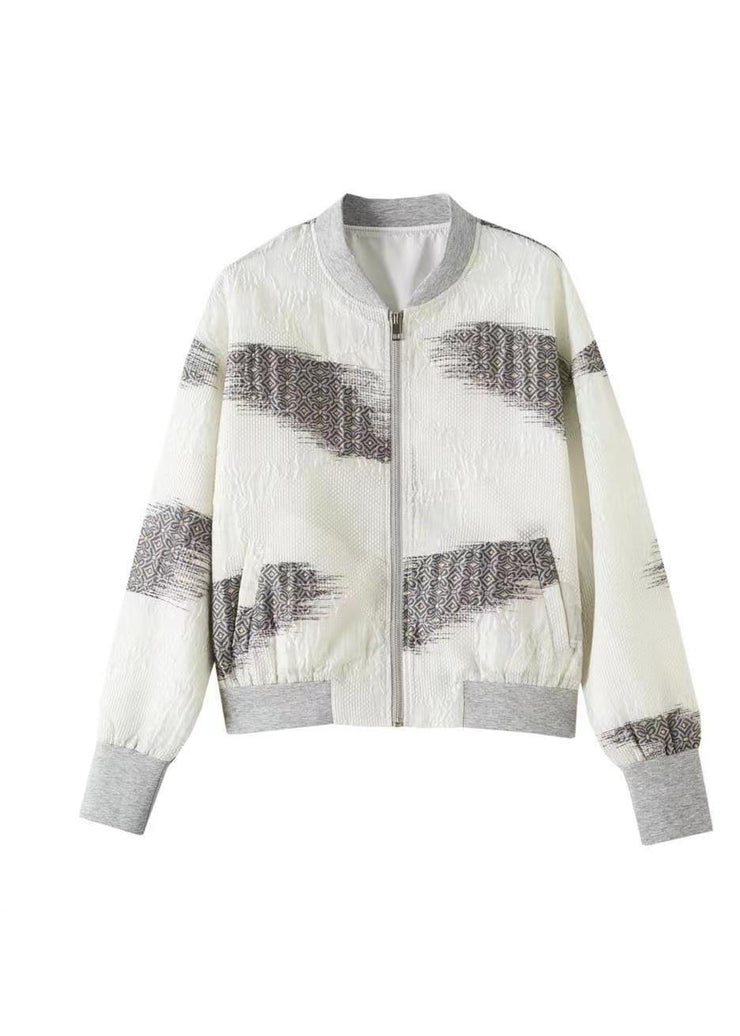 Modern White Zip Up Pockets Patchwork Cotton Jackets Fall