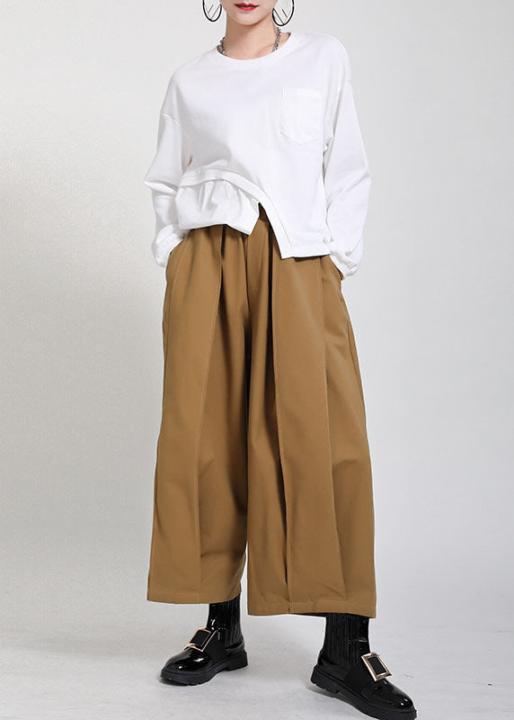 Modern Yellow Elastic Waist Oversized Pockets Cotton Crop Pants Fall