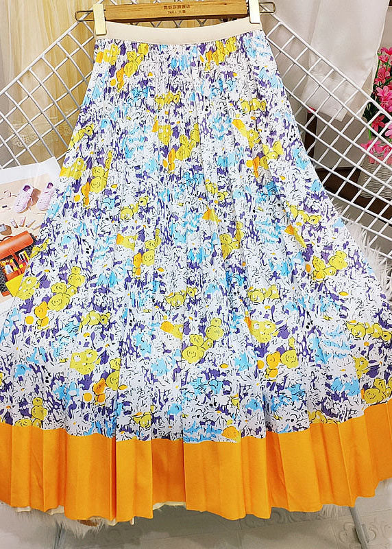 Modern Yellow Elastic Waist Patchwork Print Silk Skirts Spring