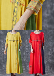 Modern Yellow Embroidered Patchwork Linen Maxi Dresses Spring