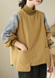 Modern Yellow Hign Neck Pockets Patchwork Fine Cotton Filled Top Winter