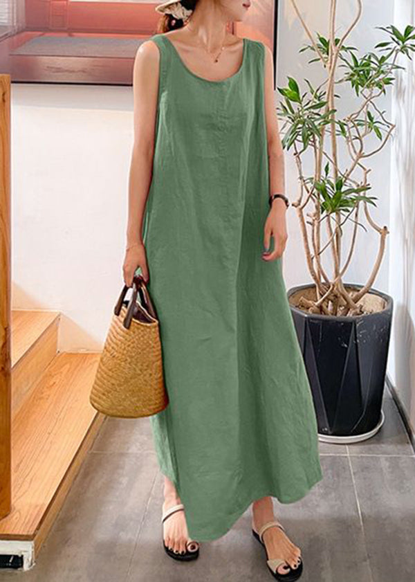 Modern Yellow O-Neck Slim Fit Cotton Long Dresses Sleeveless