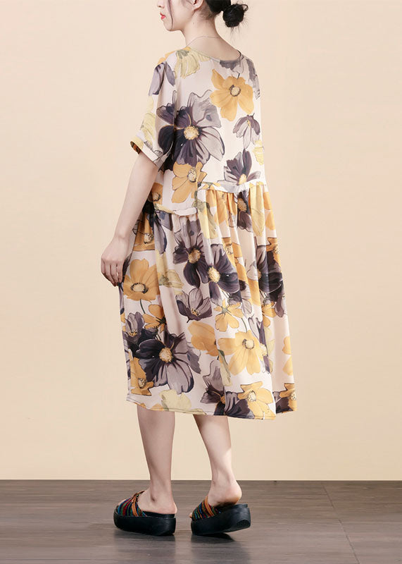 Modern Yellow O Neck Wrinkled Print Patchwork Silk Dress Summer