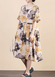 Modern Yellow O Neck Wrinkled Print Patchwork Silk Dress Summer