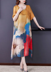 Modern Yellow Oversized Print Silk Long Dresses Summer