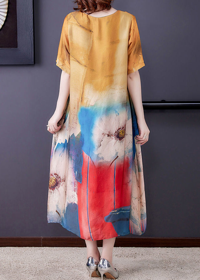 Modern Yellow Oversized Print Silk Long Dresses Summer