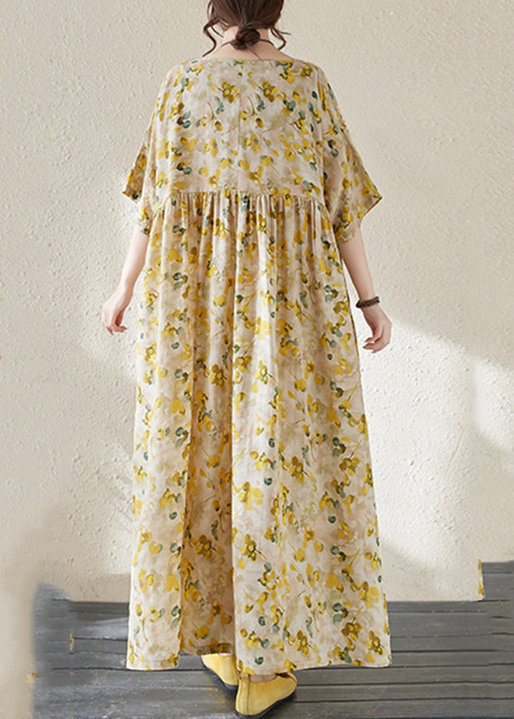 Modern Yellow Patchwork Wrinkled Dress Short Sleeve