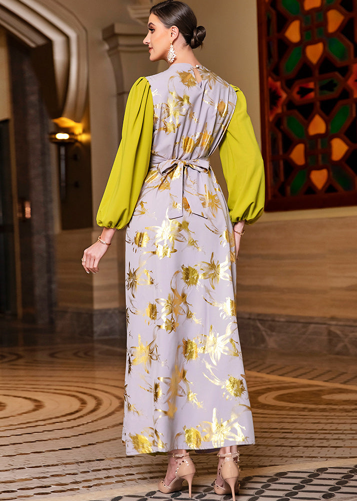 Modern Yellow Print Patchwork Wrinkled Sim Chiffon Long Dresses Fall