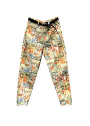 Modern Yellow Print Pockets Patchwork Denim Pants Fall