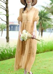 Modern Yellow Ruffled Patchwork Wrinkled Silk Vacation Dresses Summer