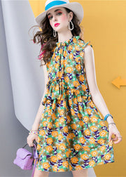 Modern Yellow Ruffled Print Patchwork Cotton Dress Sleeveless