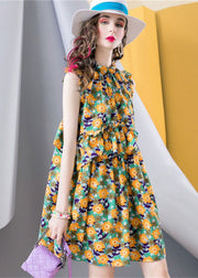 Modern Yellow Ruffled Print Patchwork Cotton Dress Sleeveless