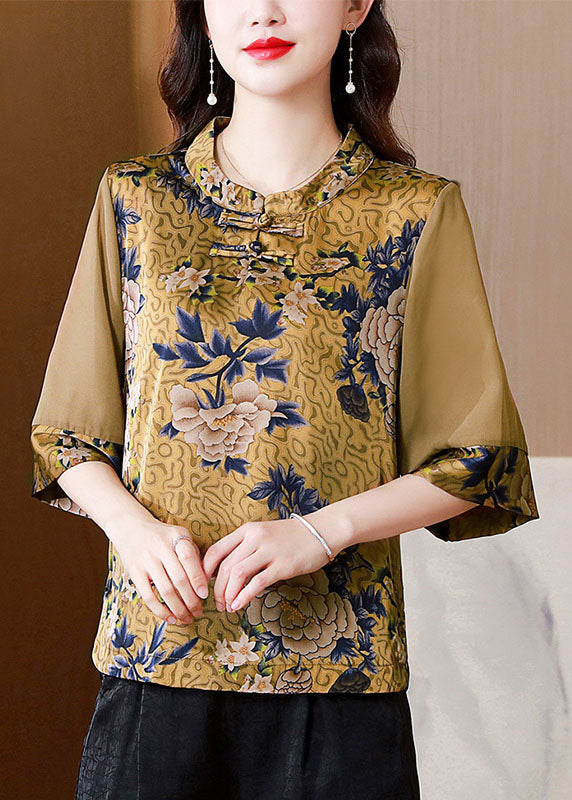 Modern Yellow Stand Collar Print Patchwork Button Silk Top Summer